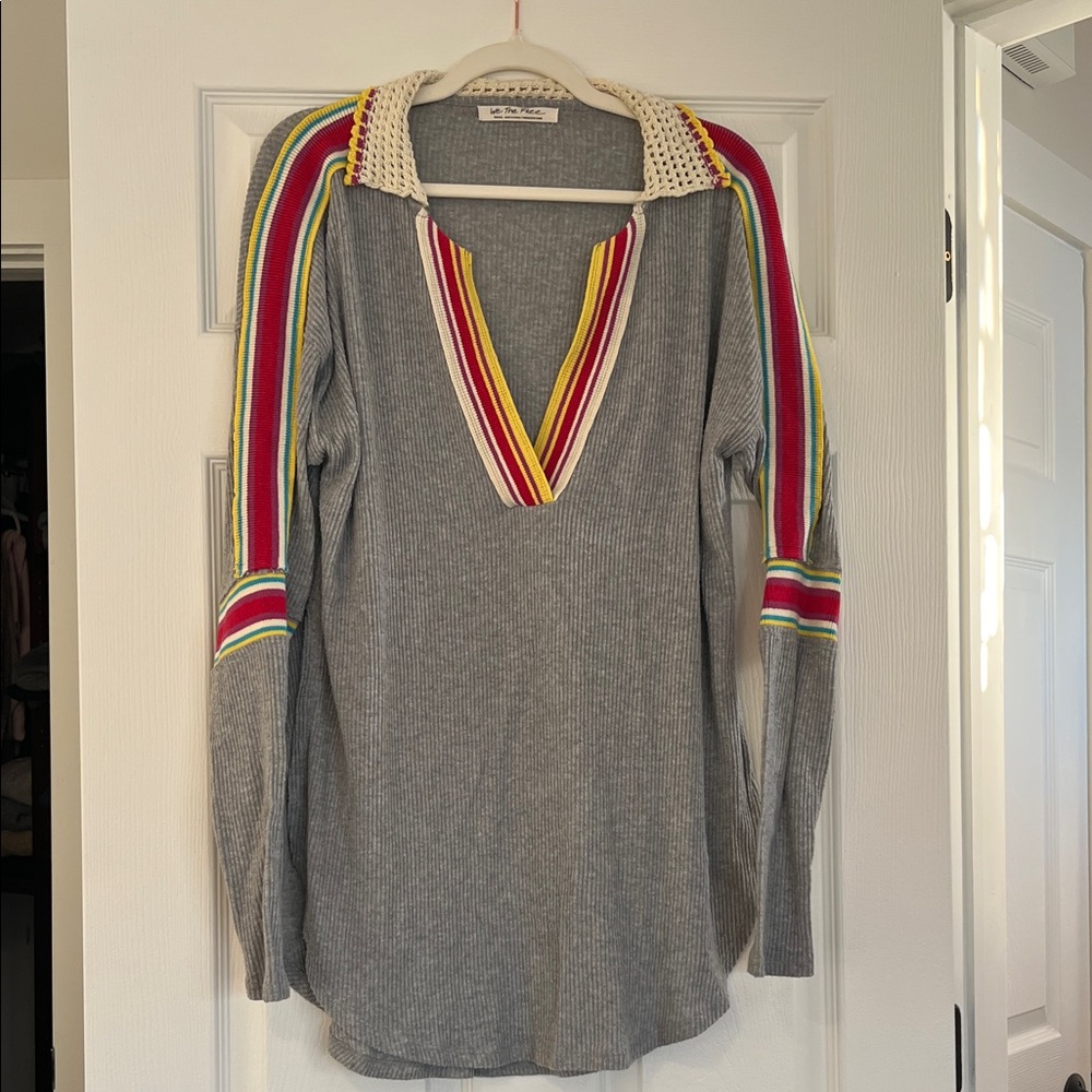 We The Free Gray Ribbed Tunic with Multicolor Stripe Trim